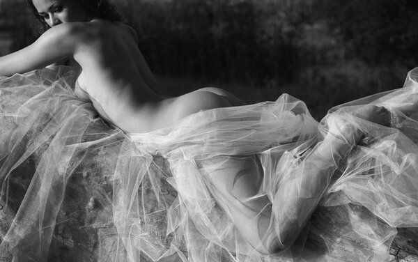 Black and white photo of relaxing beautiful naked woman covered in transparent fabric, lying on the tree branch