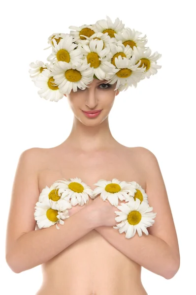 stock image Sexy woman is covered daisies