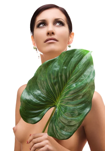 stock image Woman with green leaf