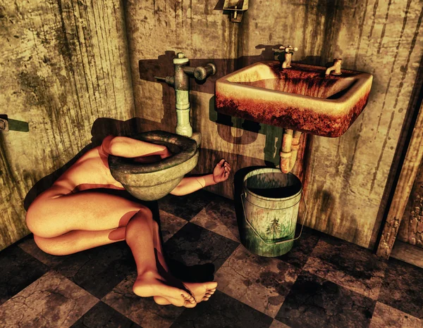 Stock image Naked man lying next to a toilet