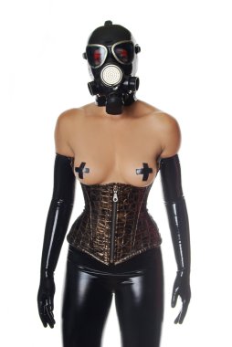 gasmask, parlak underbust korse ve lateks eldiven