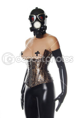 gasmask, parlak underbust korse ve lateks eldiven