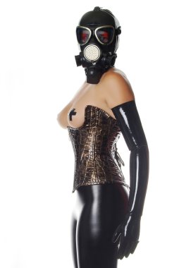 gasmask, parlak underbust korse ve lateks eldiven